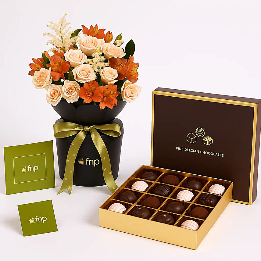 Peach And Lisianthus Flower with Truffle Chocolate Combo
