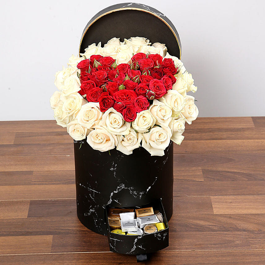 Peach and Red Rose Box With Patchi Chocolates