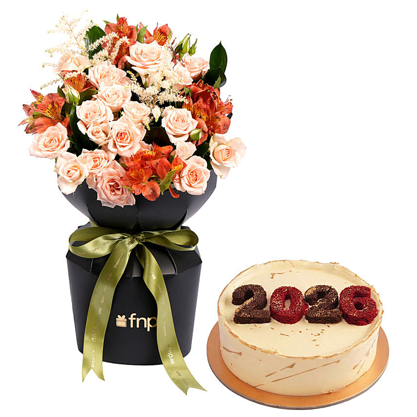 Peach Roses Bouquet with Golden Edge New Year Cake