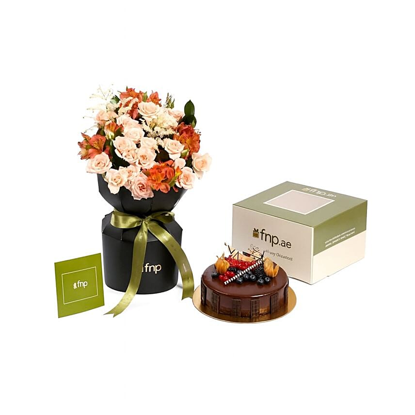 Peach Roses N Lisianthus Flowers With Chocolate Truffle Cake
