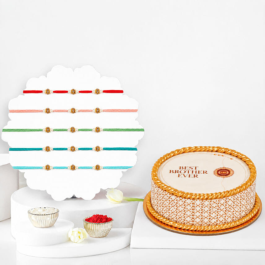 Pearl Beaded Rakhi Set Of 5 With Half Kg Chocolate Cake