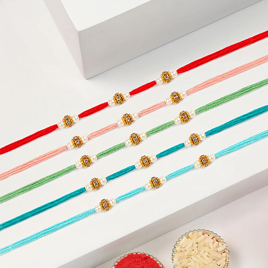 Pearl Beaded Rakhi Set Of 5 With Half Kg Chocolate Cake