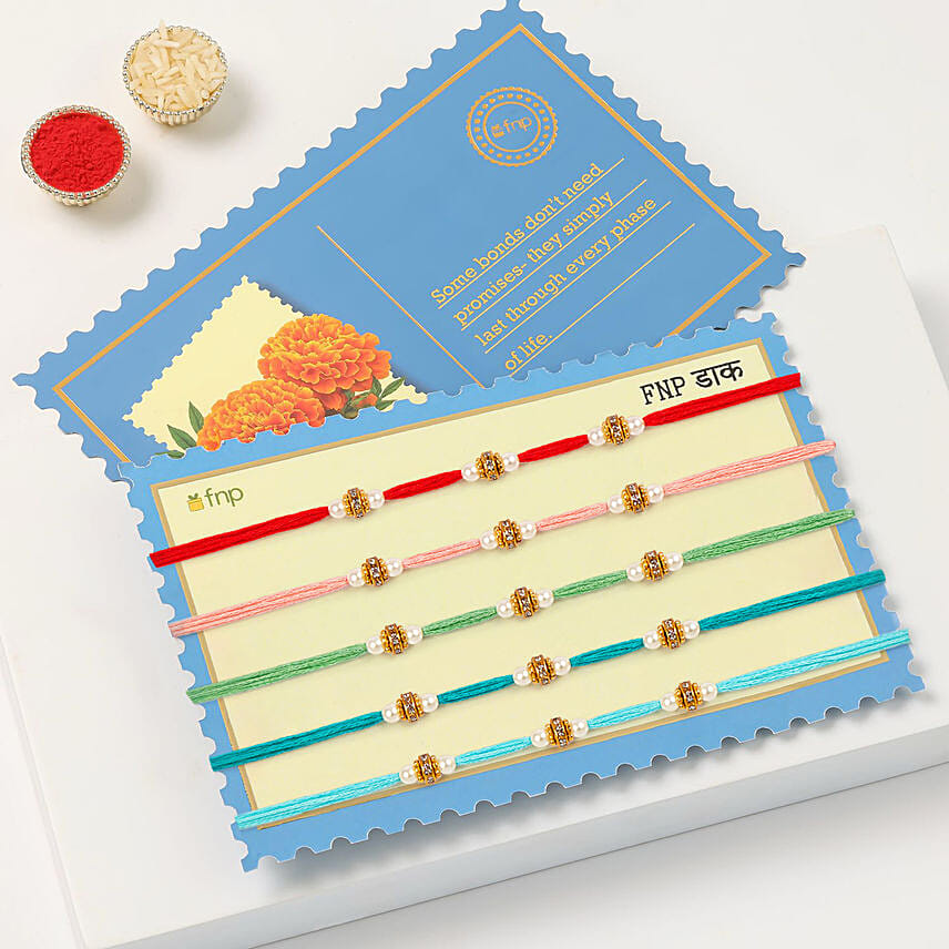 Pearl Beaded Rakhi Set Of 5 With Half Kg Chocolate Cake