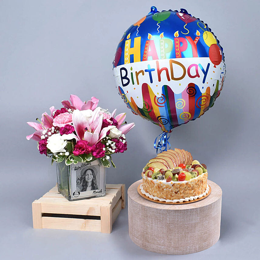 Personalised Vase Birthday Flower Cake & Balloon