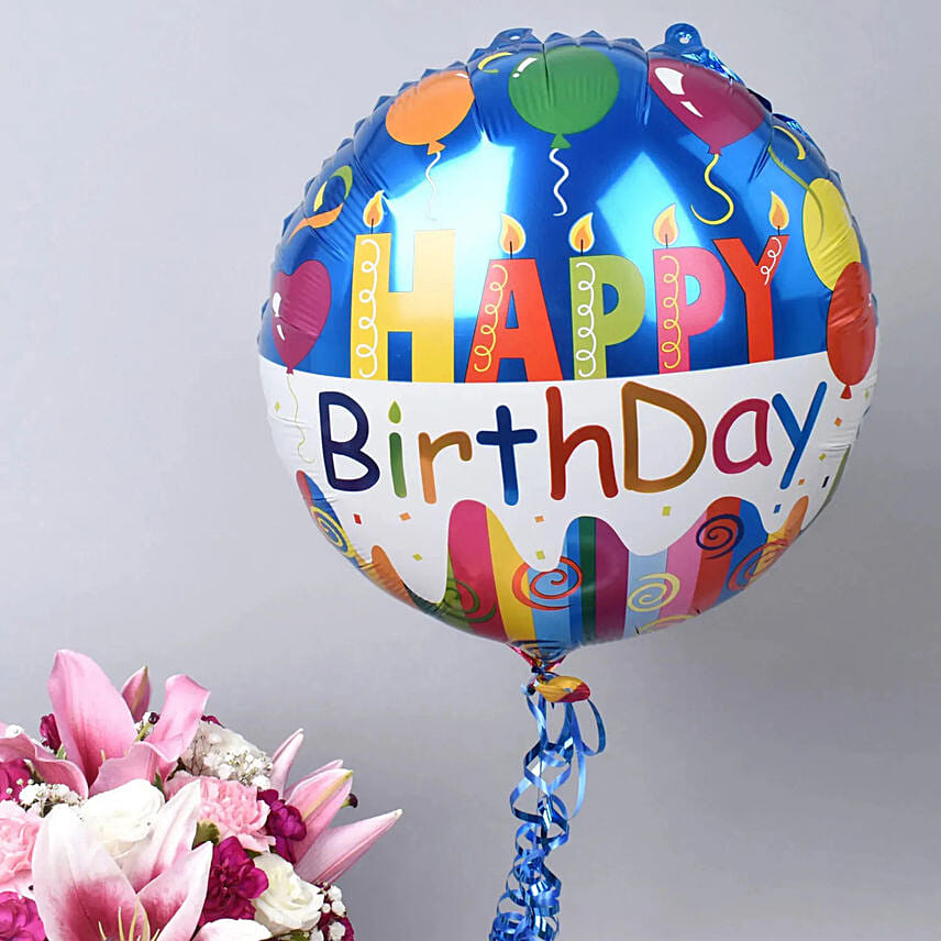 Personalised vase with floral arrangement With Cake & Balloon