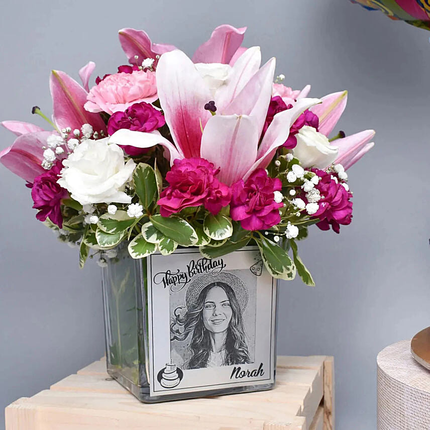Personalised vase with floral arrangement With Cake & Balloon