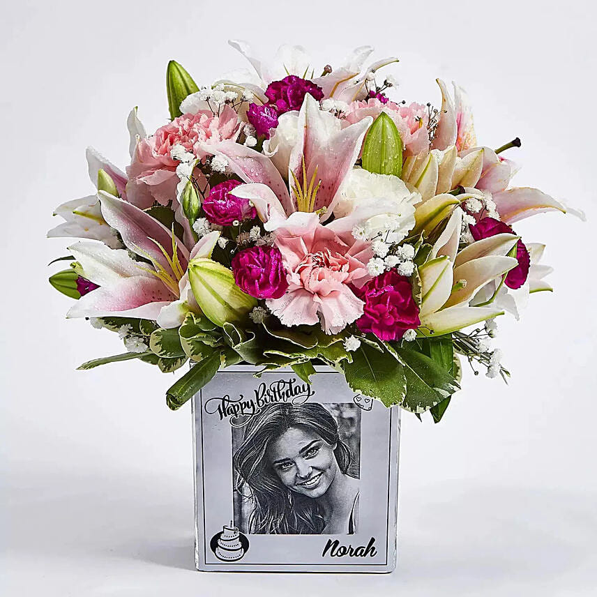 Personalised vase with floral arrangement With Cake