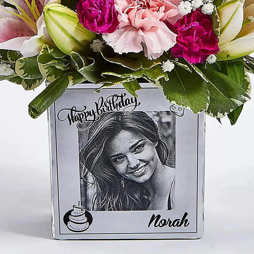 Personalised vase with floral arrangement With Cake
