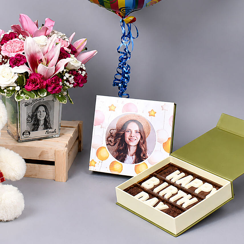 Personalised vase with floral arrangement With Combo
