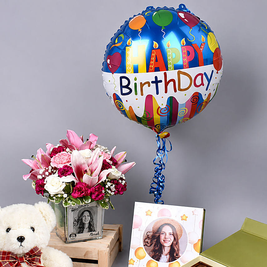 Personalised vase with floral arrangement With Combo