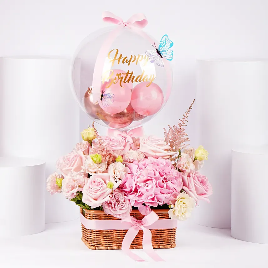 Pink Birthday Flower Basket With Balloon