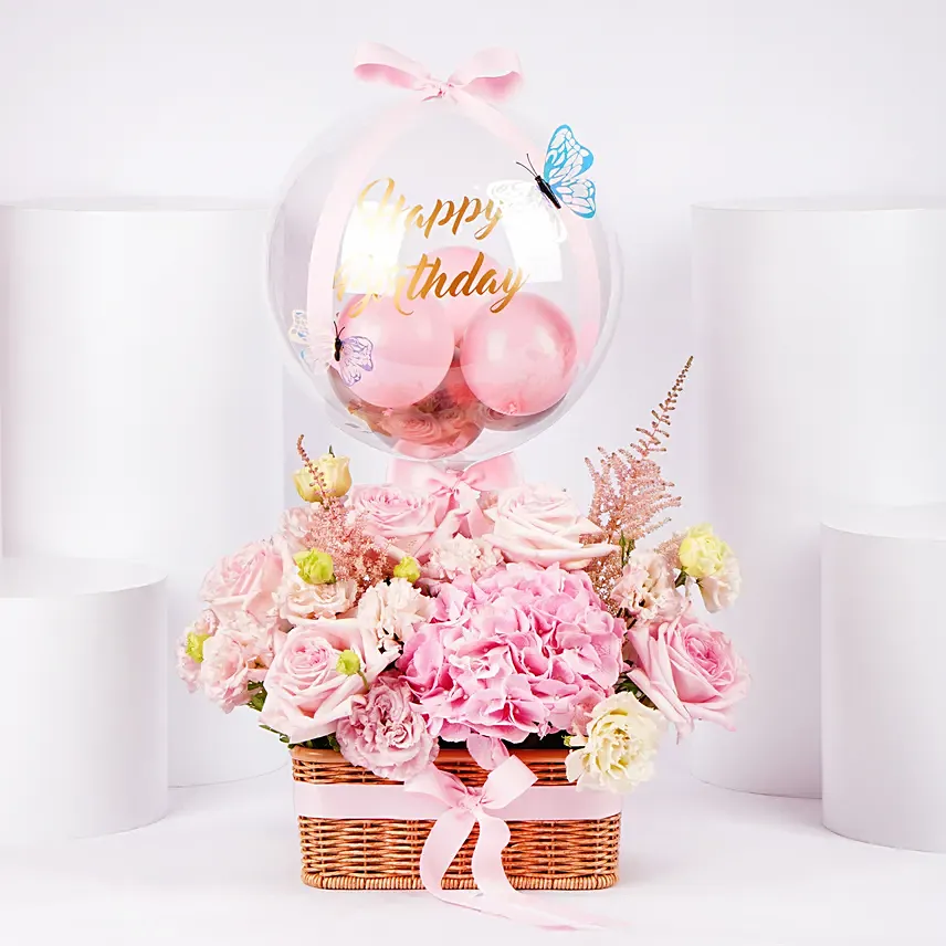 Pink Birthday Flower Basket With Balloon