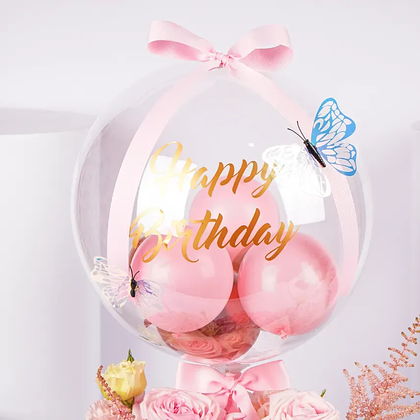 Pink Birthday Flower Basket With Balloon