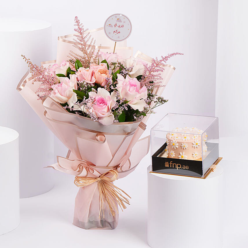 Pink Elegance Flowers with Chocolate Cake
