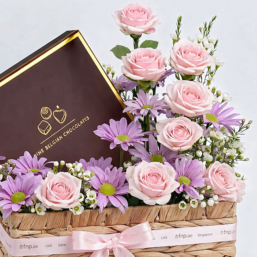 Pink Floral And Chocolate Gift Basket For Mom