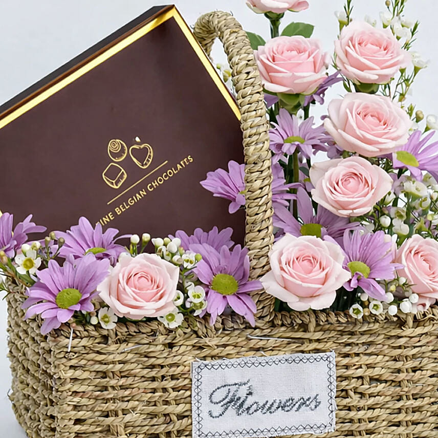 Pink Floral And Chocolate Gift Basket For Mom