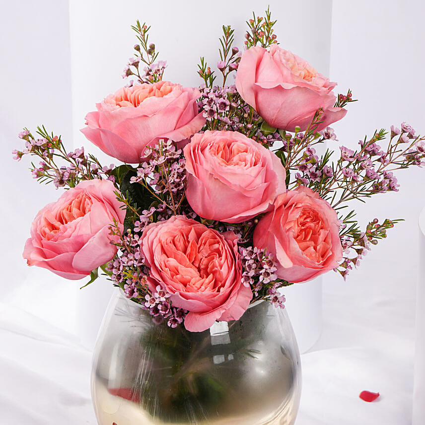 Pink Roses Arrangement In Premium Vase