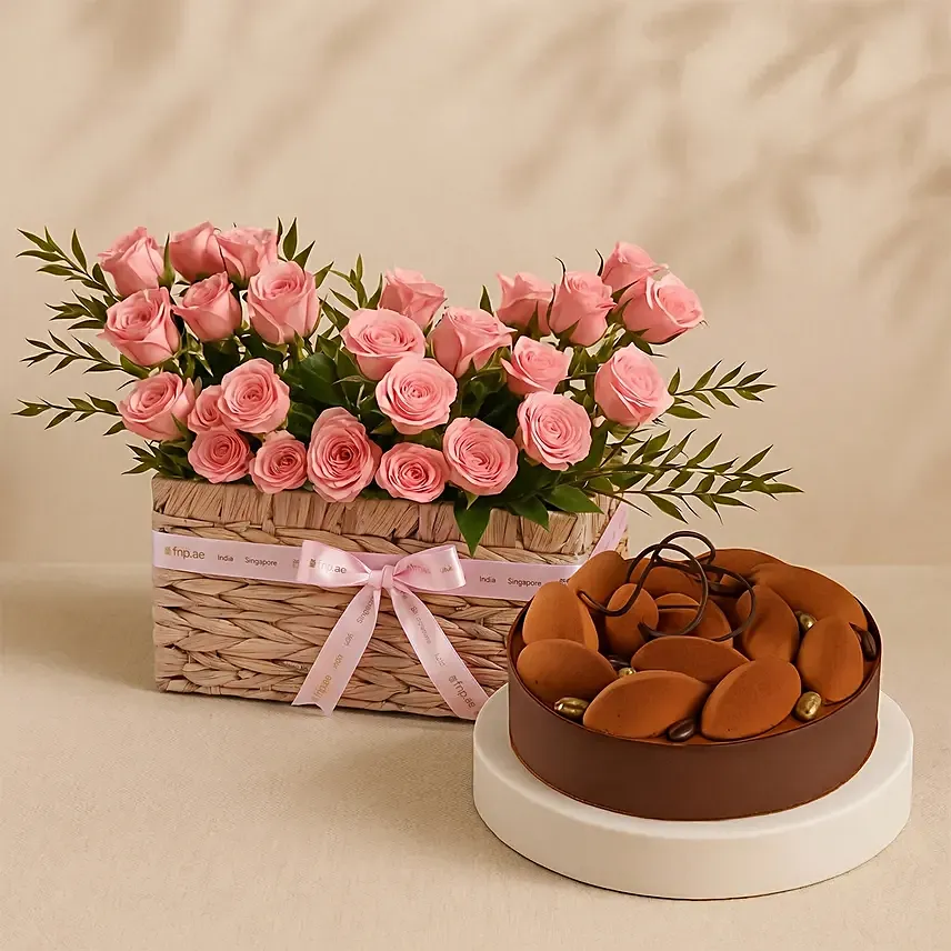 Pink Spray Roses Basket with Tiramisu Cake