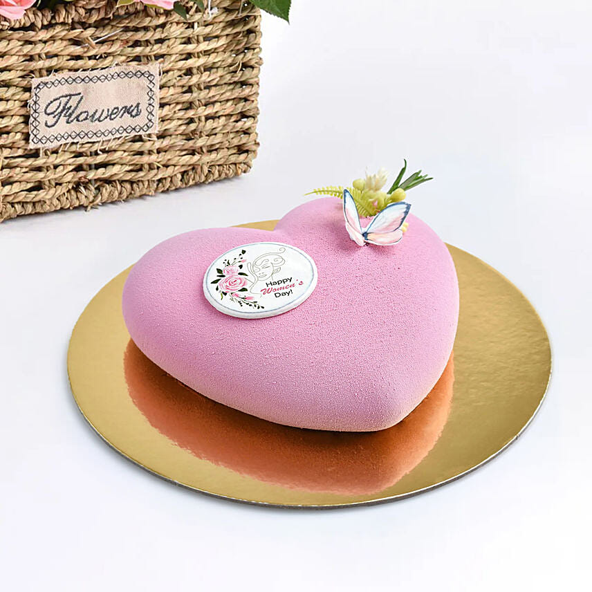 Pink Spray Roses in Small Basket And Cake