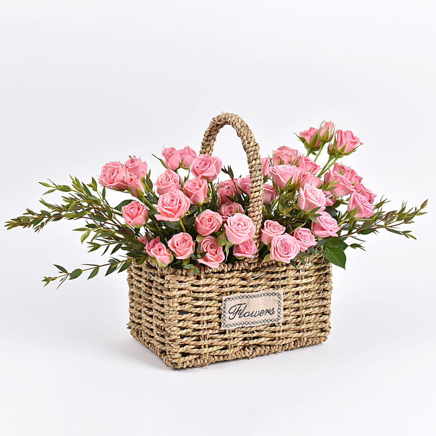 Pink Spray Roses in Small Basket