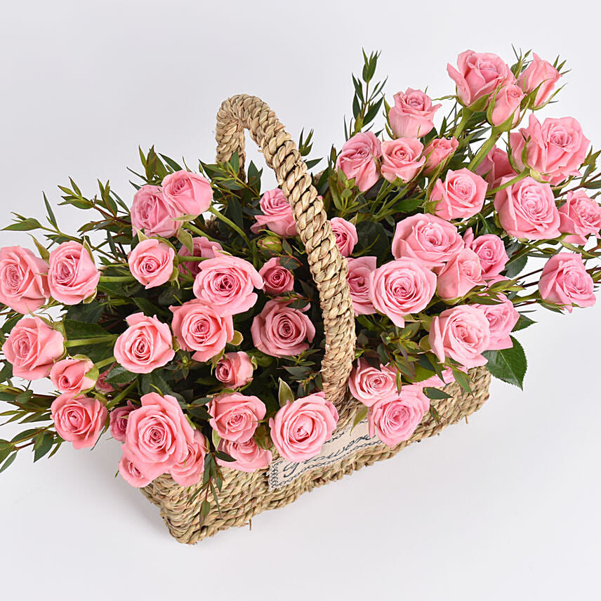 Pink Spray Roses in Small Basket