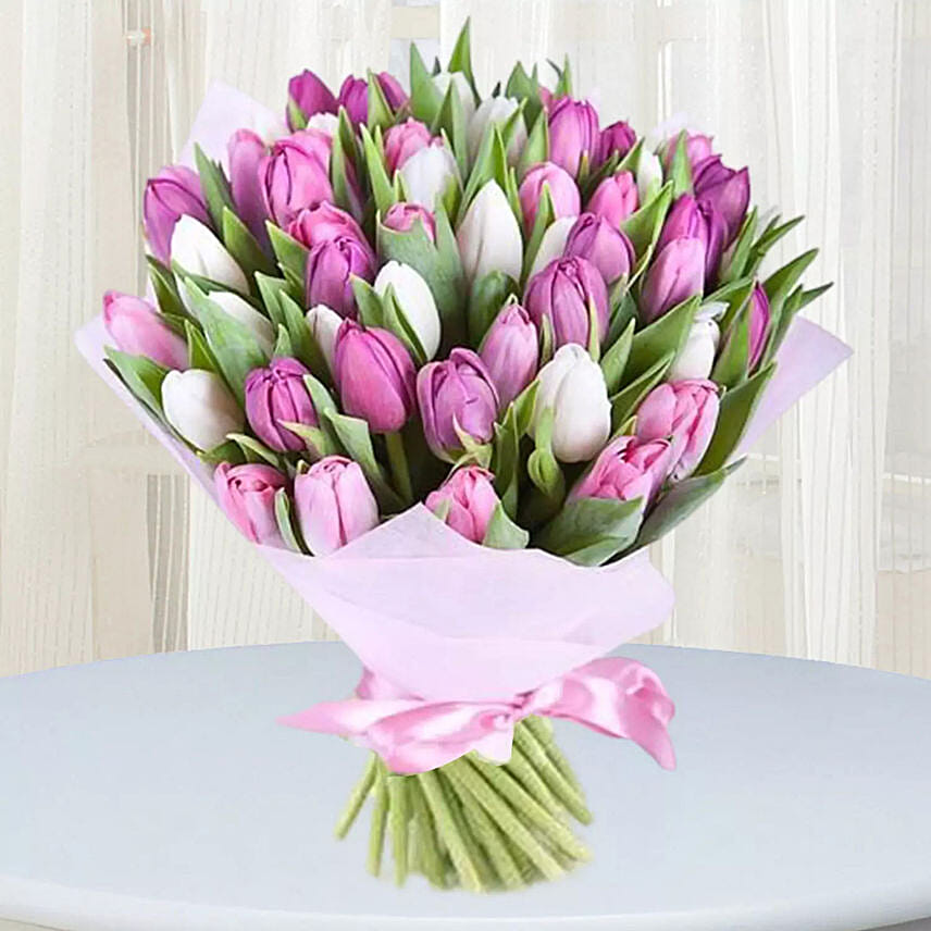 Pink White Tulips Bunch Deluxe