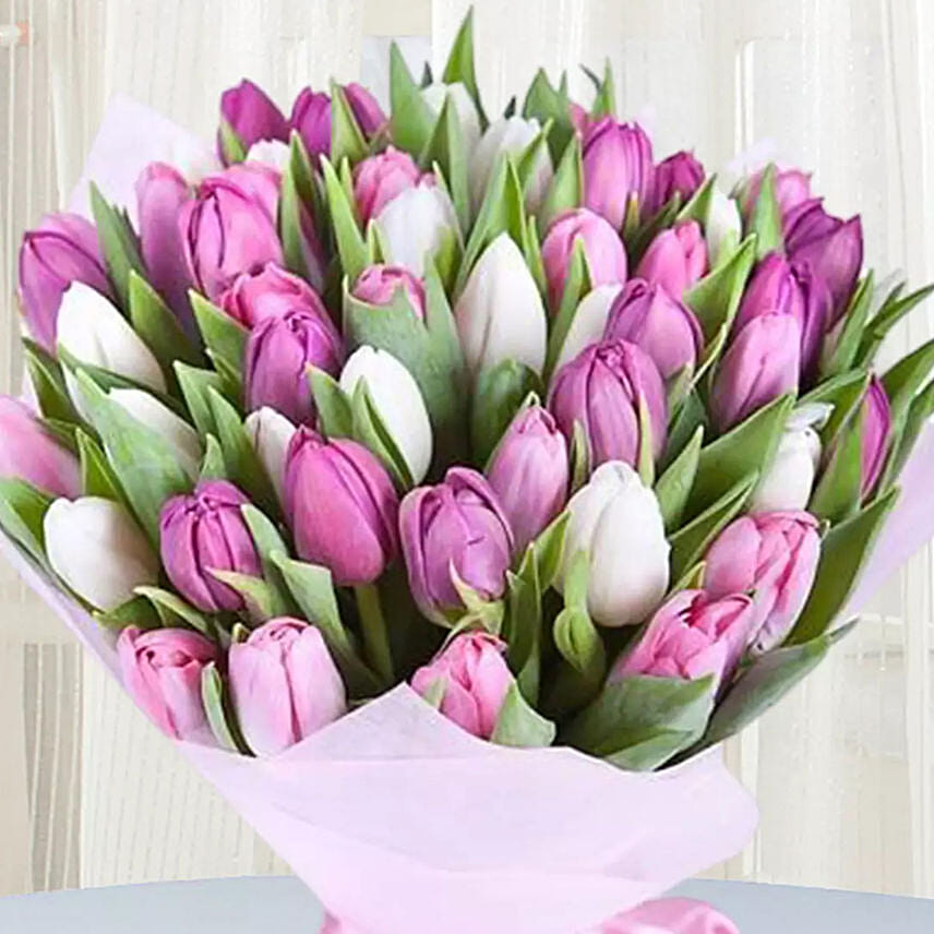 Pink White Tulips Bunch Deluxe