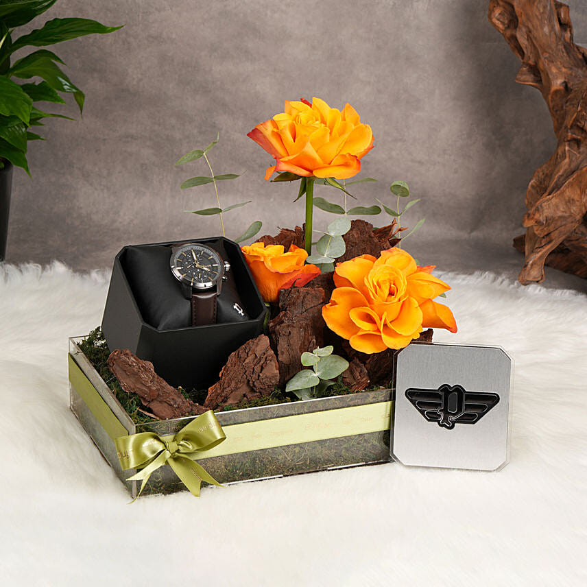 Police Grey Dial Watch For Him With Orange Floral Accents