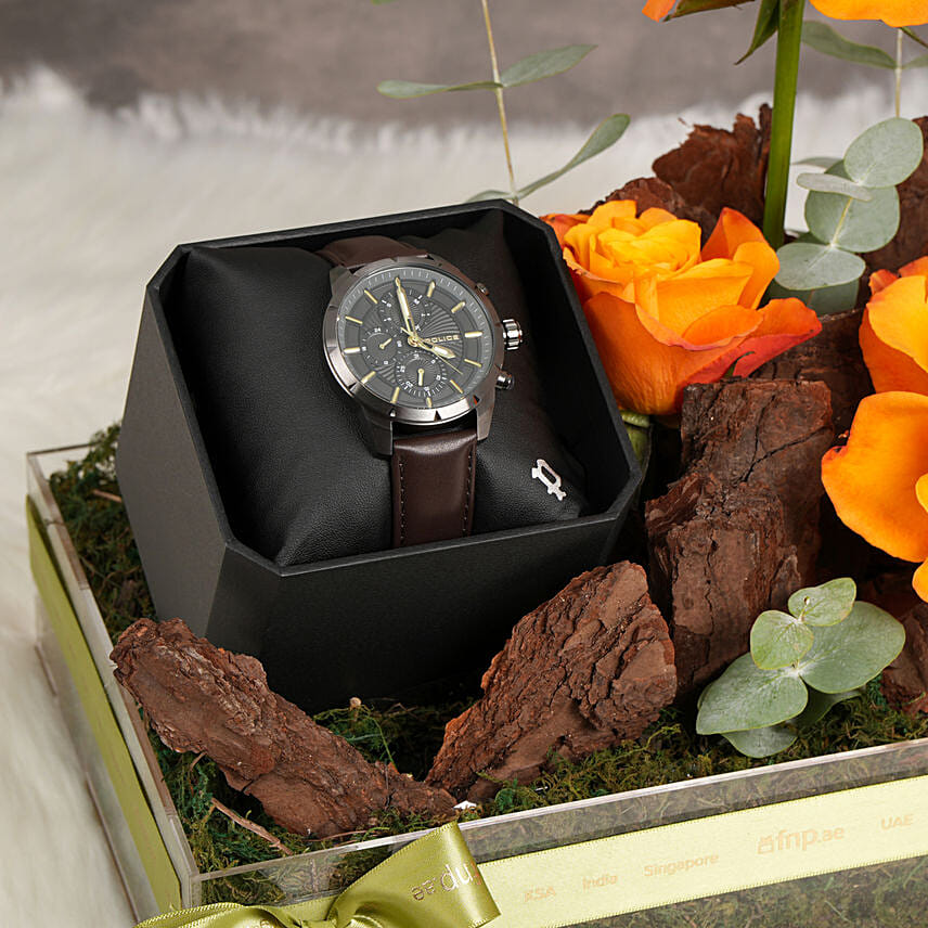 Police Grey Dial Watch For Him With Orange Floral Accents