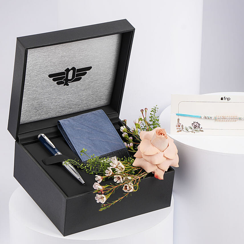Police Wallet N Pen Gift Box with Rakhi and Nibbles