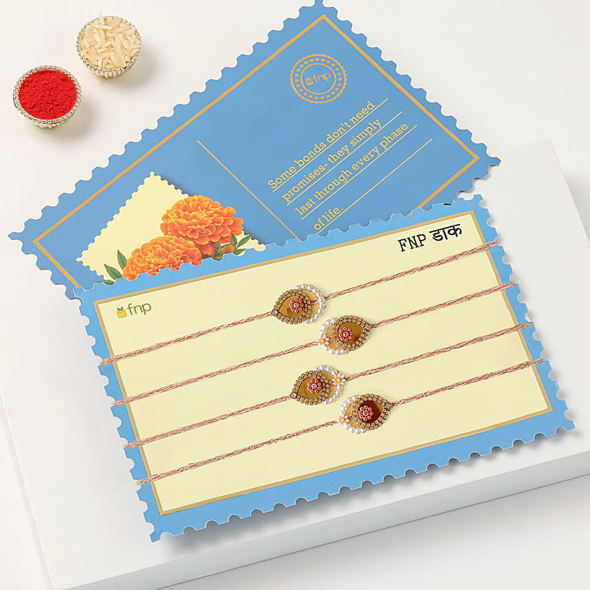 Premium Beads Rakhi Set Of 4 With Kaju Katli