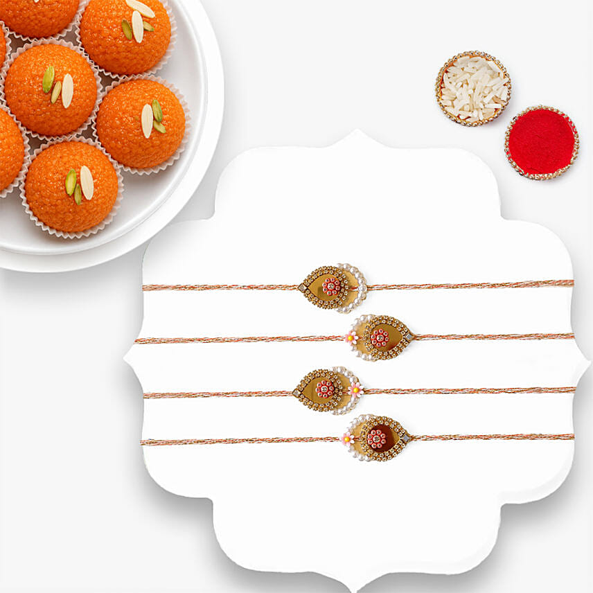 Premium Beads Rakhi Set Of 4 With Motichoor Laddoo