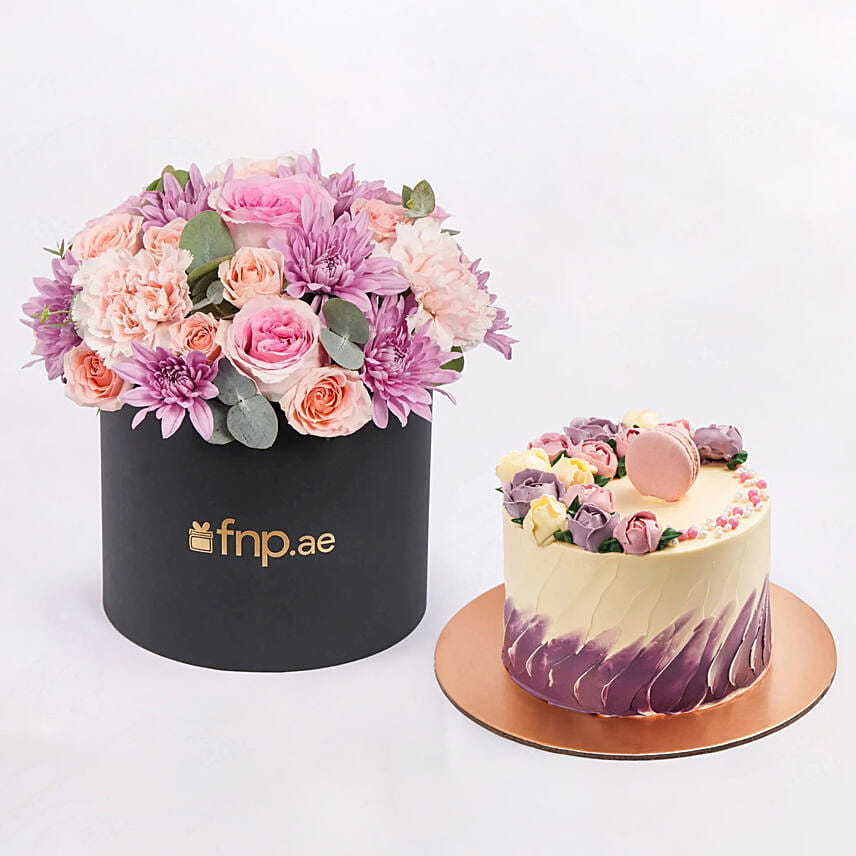 Premium Black Box Flower Arrangement With Chocolate Macaron Cake