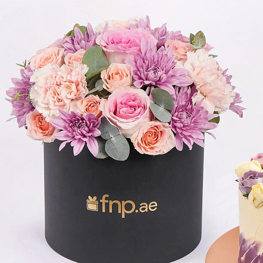 Premium Black Box Flower Arrangement With Chocolate Macaron Cake