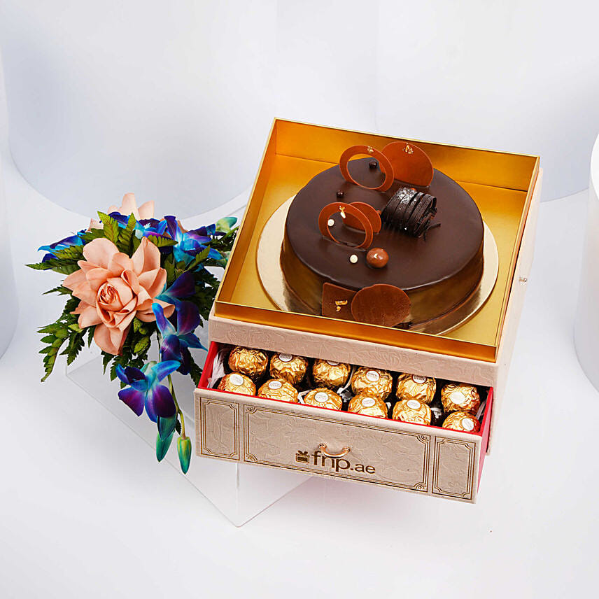 Premium Box Of Fudge Cake Flowers And Chocolates