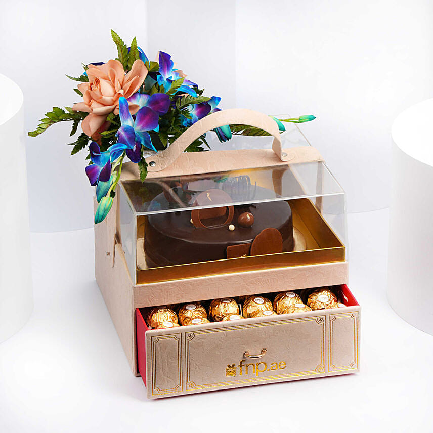 Premium Box Of Fudge Cake Flowers And Chocolates
