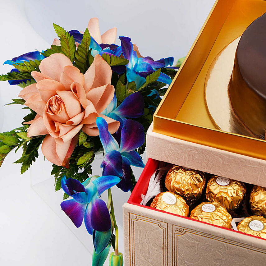 Premium Box Of Fudge Cake Flowers And Chocolates