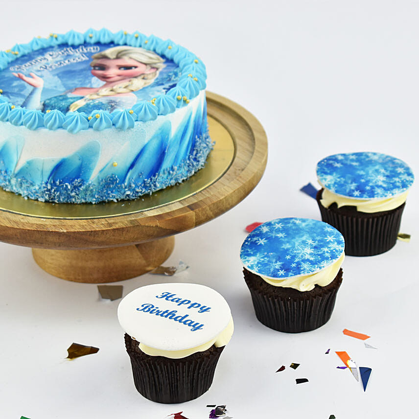 Princess Elsa Birthday Chocolate  Cake with Cupcakes