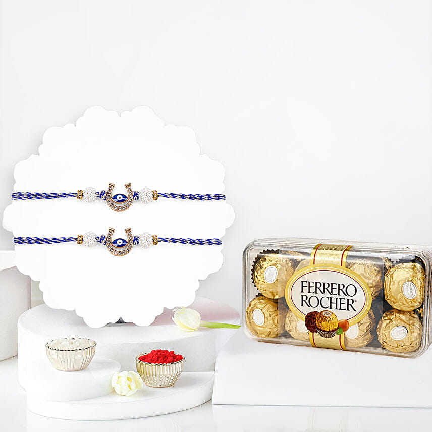 Protective Evil Eye Rakhi Duo With Ferrero Rocher 16 Pcs