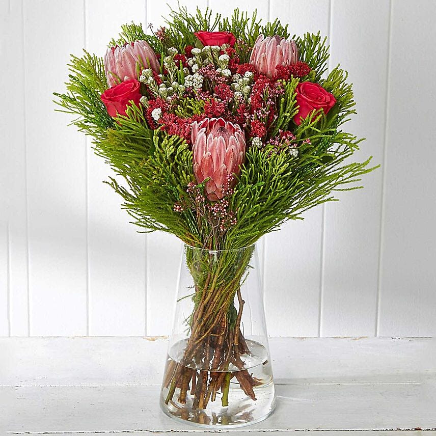 Protia and Red Roses Arrangement in Vase