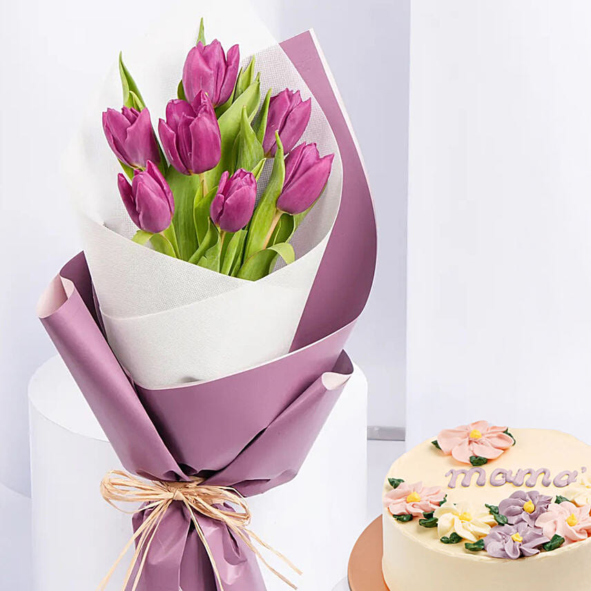 Purple Tulips In Bouquet With Chocolate Cake