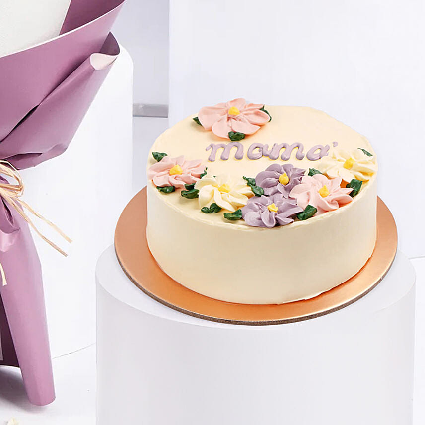 Purple Tulips In Bouquet With Chocolate Cake