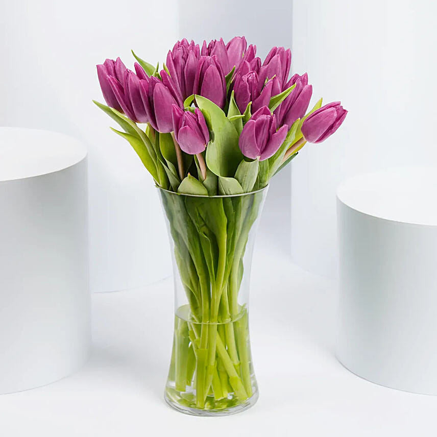 Purple Tulips in Glass Vase
