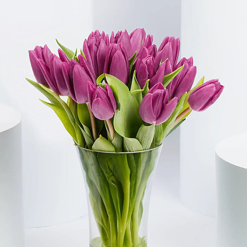 Purple Tulips in Glass Vase