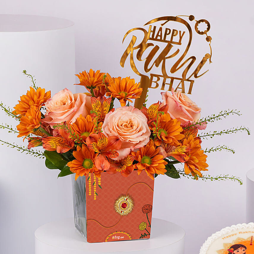 Rakhi Flowers And Chocolate Cake For Bhai