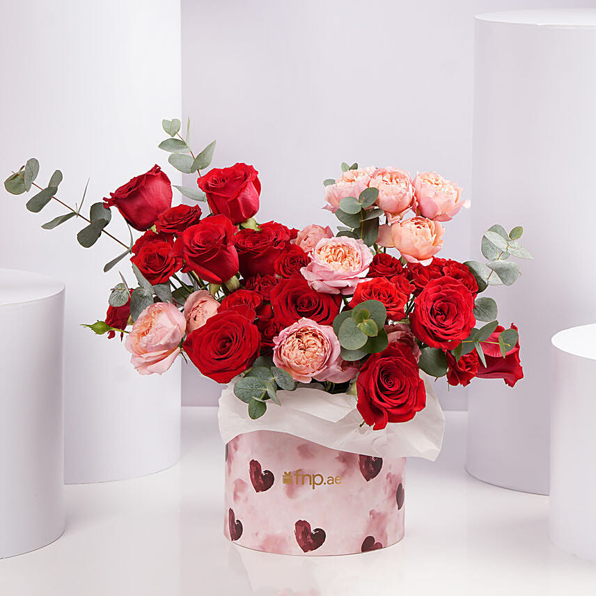 Red And Peach Roses In Heart Hat Box