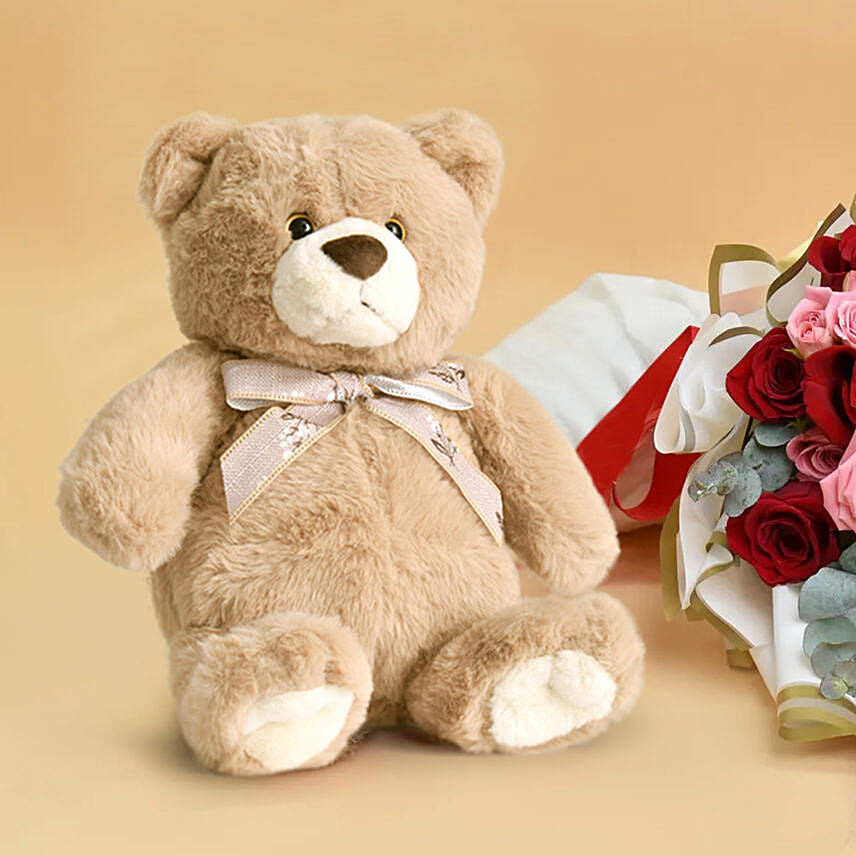 Red and Pink Roses Beauty Bouquet With Teddy