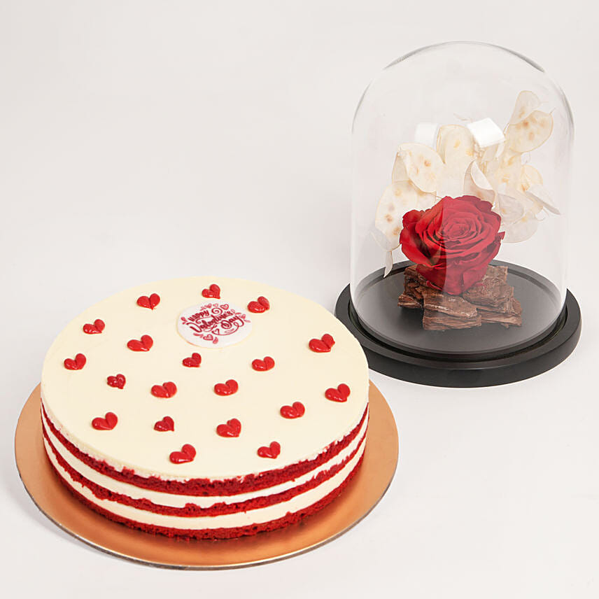 Red Forever Rose with Valentiens Red Velvet Cake