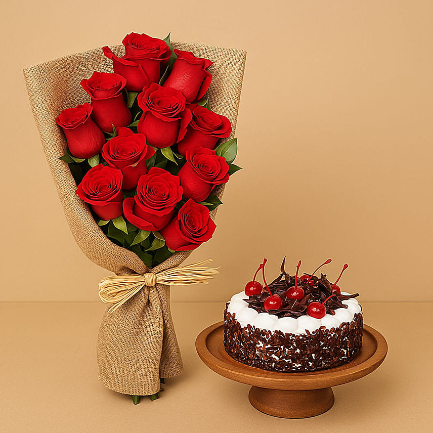 Red Roses Bunch & Black Forest Cake
