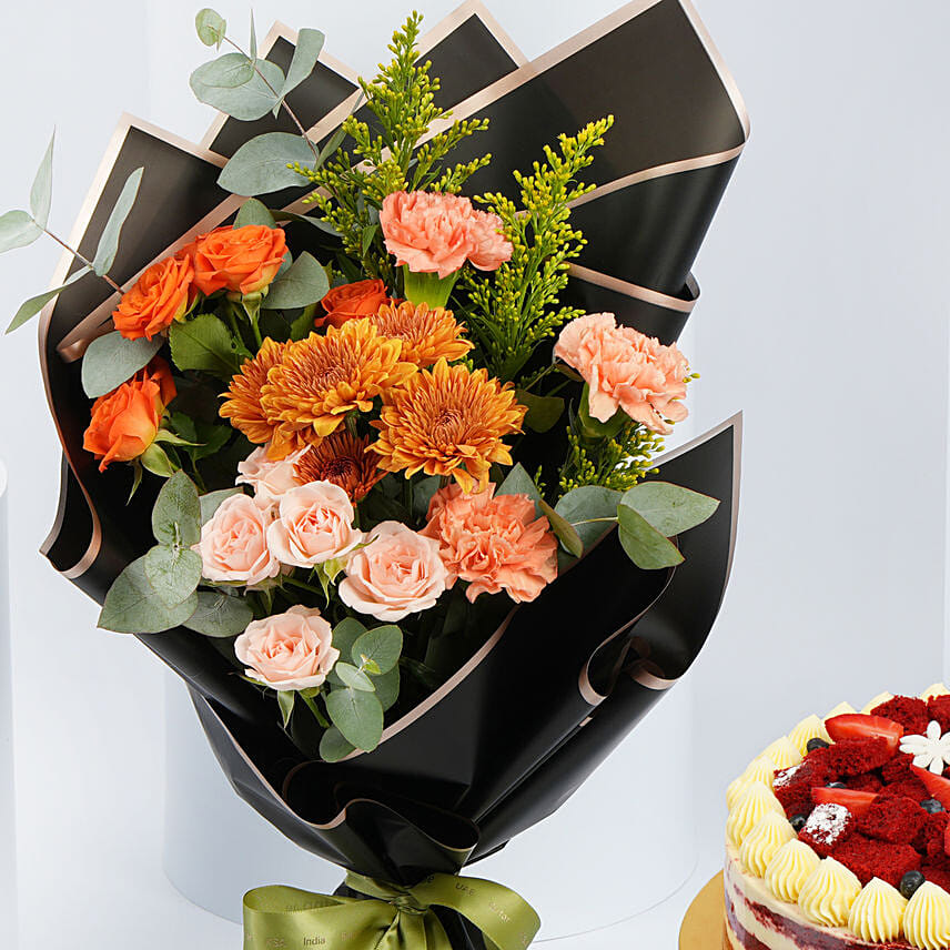 Red Velvet Cake with Fresh Fruit n Flowers